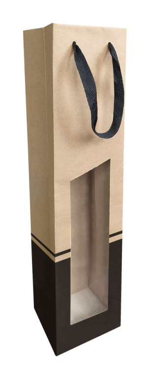 SAC KRAFT POIGNEES EN TISSUS AVEC FENETRE 1 BOUTEILLE NOIR/HAVANE FORMAT 9.5+9.1x38.5cm - paquet de 10