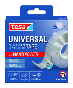 RUBAN ADHESIF DOUBLE FACE UNIVERSAL TAPE NANO POWER 30mm/3m TESA