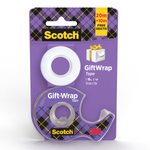 RUBAN ADHESIF GIFTWRAP 19mm x 15m AVEC DEROULEUR SCOTCH + 1 ROULEAU GRATUIT