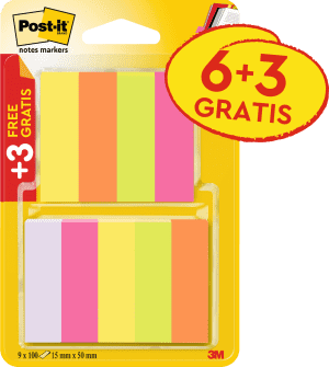 MARQUE-PAGES POST-IT NOTES MARKERS 5 COULEURS ASSORTIES "6+3 GRATUITS"" - paquet de 6+3