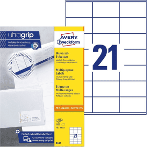 ETIQUETTE AVERY-ZWECKFORM 70/41 ULTRAGRIP 3481 - boîte de 2100