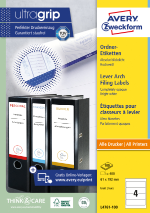 DOS DE CLASSEUR 8CM AUTOCOLLANT AVERY-ZWECKFORM ULTRAGRIP COURT BLANC L4761 - boîte de 400