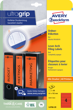 DOS DE CLASSEUR 8CM AUTOCOLLANT AVERY-ZWECKFORM ULTRAGRIP COURT ROUGE L4766 - pochette de 80