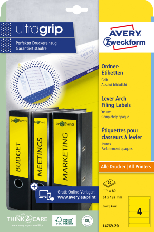 DOS DE CLASSEUR 8CM AUTOCOLANT AVERY-ZWECKFORM ULTRAGRIP COURT JAUNE L4769 - pochette de 80