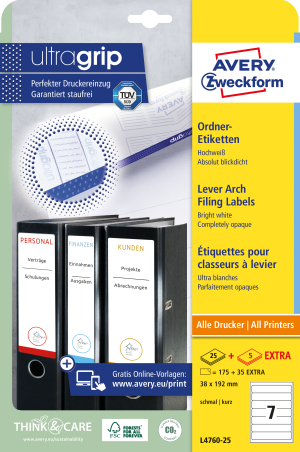 DOS DE CLASSEUR 4CM AUTOCOLLANT AVERY-ZWECKFORM ULTRAGRIP COURT BLANC L4760 - pochette de 175