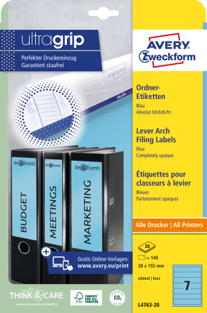 DOS DE CLASSEUR 4CM AUTOCOLLANT AVERY-ZWECKFORM ULTRAGRIP COURT BLEU L4763 - pochette de 140