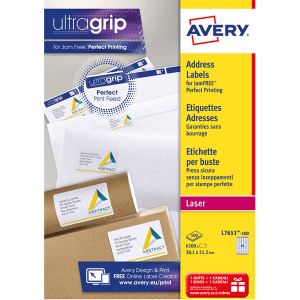 ETIQUETTE AVERY ULTRAGRIP 38.1/21.2 L7651 - boîte de 6500