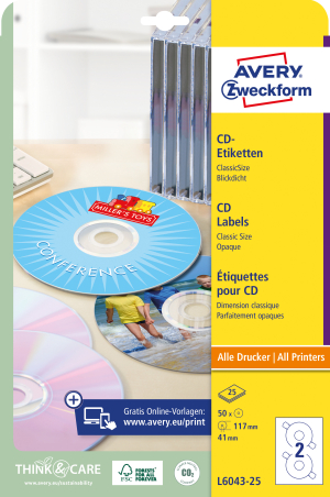 ETIQUETTE AVERY-ZWECKFORM DIAMETRE 117mm CD&DVD OPAQUE L6043 - pochette de 50