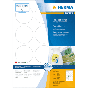 ETIQUETTE HERMA MOVABLES RONDE DIAM. 60MM BLANC 4477 - boîte de 1200