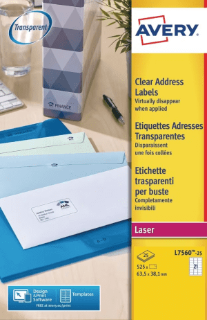 ETIQUETTE AVERY 63.5/38.1 TRANSPARENTE 7560 - paquet de 525