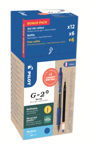 STYLO GEL PILOT G2 PLUS MEDIUM BLEU RETRACTABLE & RECHARGES PILOT GREENPACK - boîte de 24