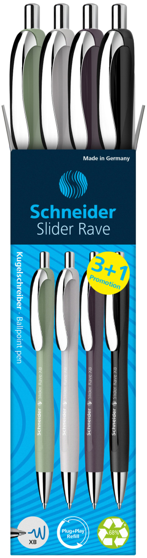 STYLO BILLE SCHNEIDER RAVE XB TREND ASSORTIES ECRITURE BLEUE 3+1 GRATUIT - boîte de 4