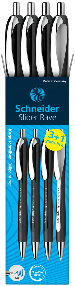 STYLO BILLE SCHNEIDER RAVE XB NOIR ECRITURE BLEUE 3+1 GRATUIT - boîte de 4