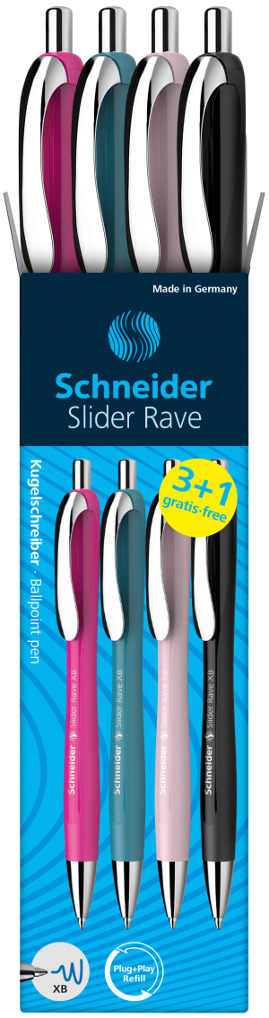 STYLO BILLE SCHNEIDER RAVE XB COULEURS ASSORTIES ECRITURE BLEUE 3+1 GRATUIT - boîte de 4
