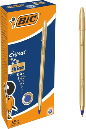 STYLO BILLE CRISTAL SHINE GOLD ECRITURE BLEU POINTE MOYENNE