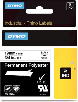 RUBAN CASSETTE DYMO RHINO POLYESTER PERMANENT 19MM NOIR/BLANC