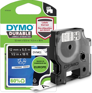 RUBAN CASSETTE DYMO D1 RESISTANTE 12MM 35.5M NOIR/BLANC