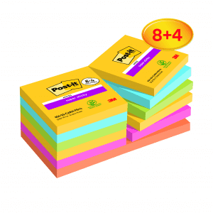 NOTES REPOSITIONNABLES POST-IT 654 SUPER STICKY 76/76 CARNIVAL **VALUE PACK 8+4** - paquet de 8+4