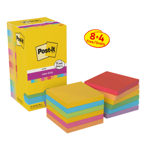 NOTES REPOSITIONNABLES POST-IT 654 SUPER STICKY 76/76 CARNIVAL & PLAYFUL **VALUE PACK 8+4** - paquet de 12