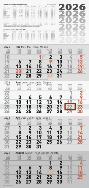 CALENDRIER MURAL QUADRIMESTRIEL 65x30cm BRUNNEN *2026*