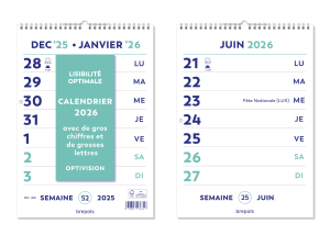 CALENDRIER MURAL SEMAINIER OPTIVISON WIRE-O 21x29.7cm BREPOLS *2026*