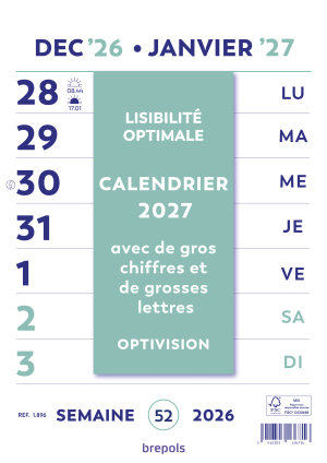 CALENDRIER MURAL SEMAINIER OPTIVISON WIRE-O 21x29.7cm BREPOLS *2027*
