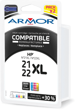 CARTOUCHE JET D'ENCRE COMPATIBLE HP N°21 NOIR & N°22 TRI-COLOR MULTIPACK 2X17ml 1060 Pages