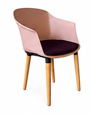 FAUTEUIL SCOTT COQUE POLYPROPYLENE ROSE POUDRE AVEC PLACET D'ASSISE TISSU BLAZER ROSE MARSALA SUR 4 PIEDS HETRE MULTIPLI VERNIS NATUREL