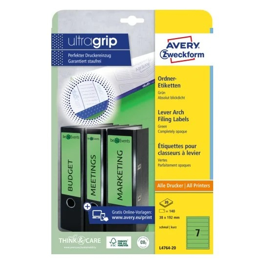 DOS DE CLASSEUR 4CM AUTOCOLLANT AVERY-ZWECKFORM ULTRAGRIP COURT VERT L4764 - pochette de 140
