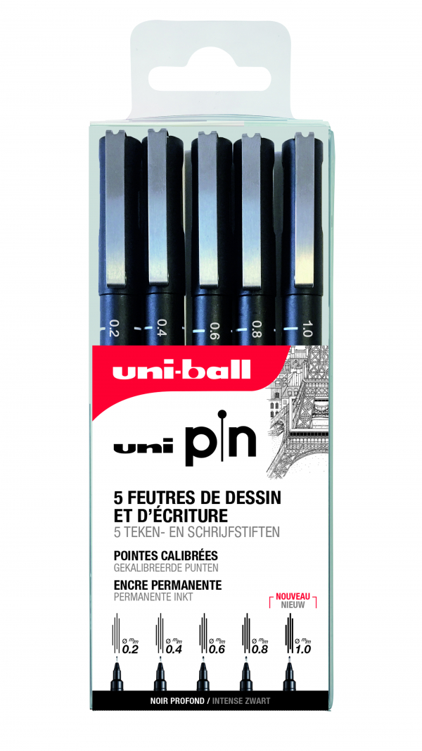 Stylo feutre fin - Uni pin - Pochette de 8 feutres - Uni-ball - Noir