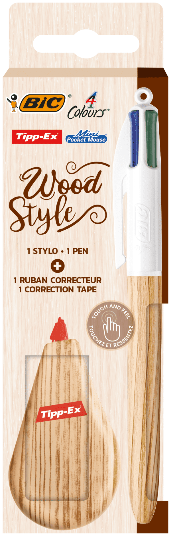 CADEAU- COFFRET STYLO BILLE BIC 4 COULEURS + CORRECTEUR WOOD STYLE