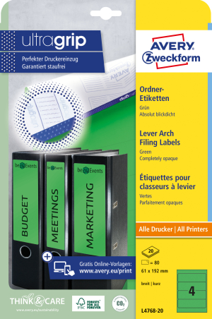 DOS DE CLASSEUR 8CM AUTOCOLLANT AVERY-ZWECKFORM ULTRAGRIP COURT VERT L4768 - pochette de 80